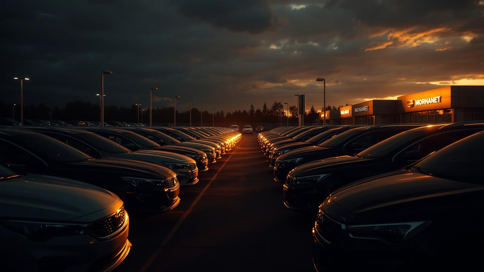 Alignement de véhicules d'occasion sur un parc automobile au coucher du soleil