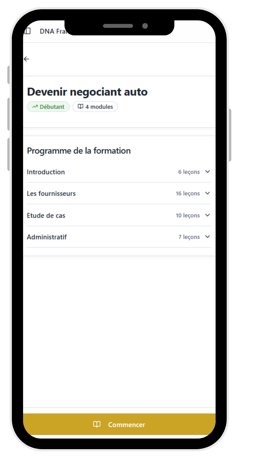 Aperçu de la formation DNA Franchise sur smartphone